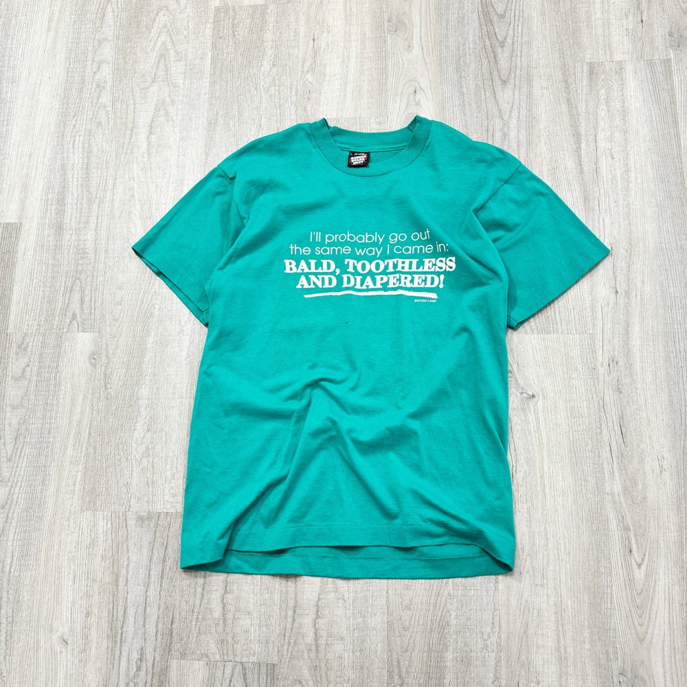 VINTAGE 90s Bald Toothless And Diapered Humor Shirt Size Large L Mens Teal 1990s